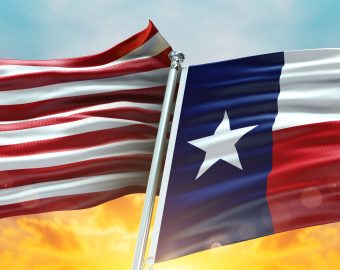 United States of America flag and Texas flag States of America waving with texture sky Cloud and sunset double flag